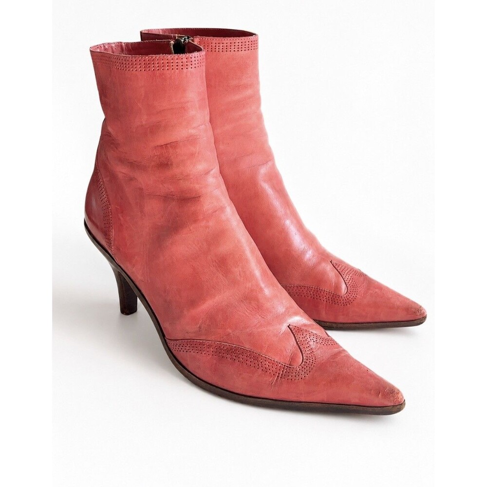 Dries Van Noten Women 38 Coral Pink Leather Pointed Toe Ankle Boots Italy